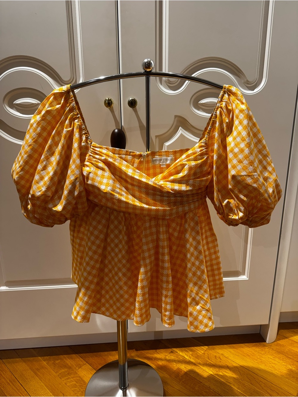 Caroline Constas Yellow Gingham Puff-Sleeve Women’s Top size L